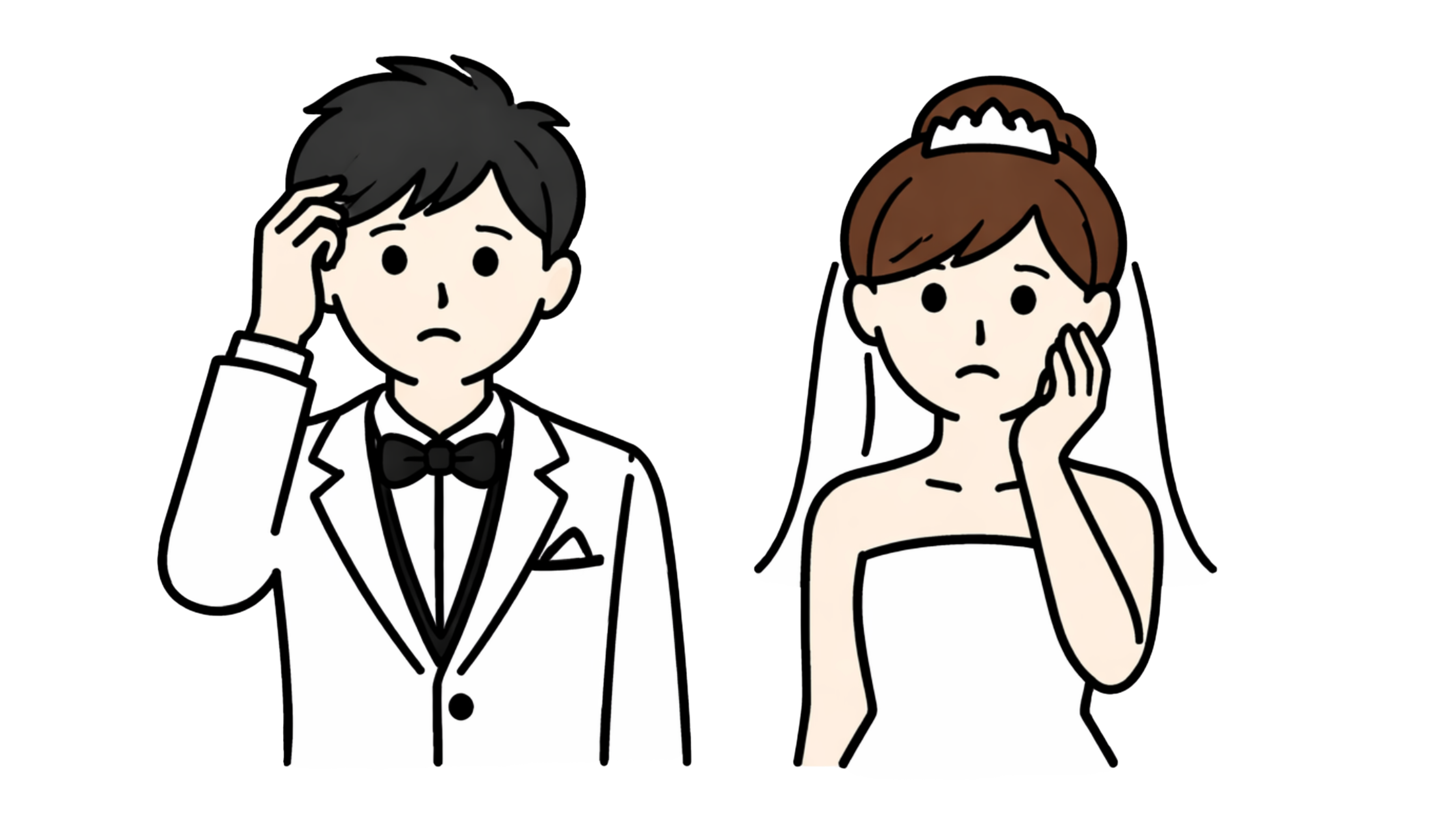 写真や動画の共有に悩む新郎新婦のイラスト