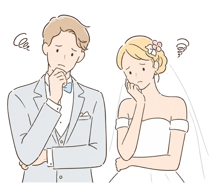 写真や動画の共有について相談する新郎新婦のイラスト